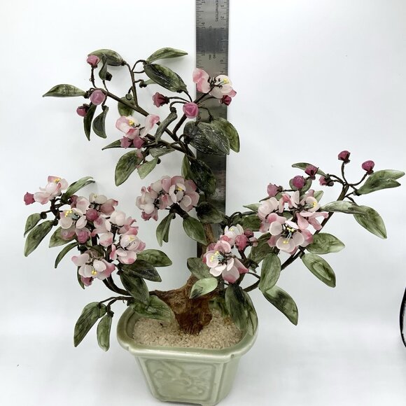 Pink Cherry Blossom Jade? Glass Bonsai Tree Vintage In Pot 15” Wide x 14" Tall - Picture 16 of 16
